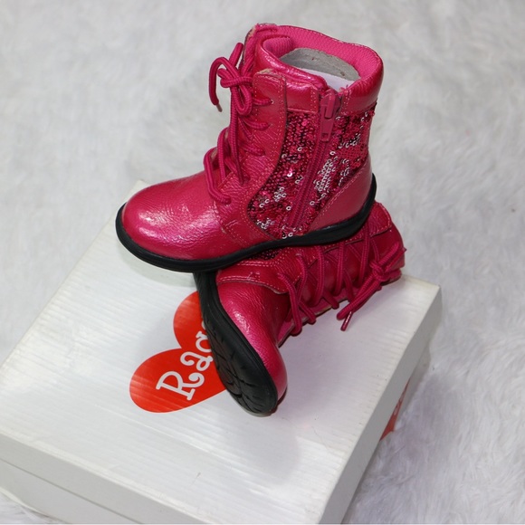 Girls Ragg Pink Sequin Leather Lace Up Side Zipper New Boots Shoes Size 22 US 6 - Picture 3 of 10